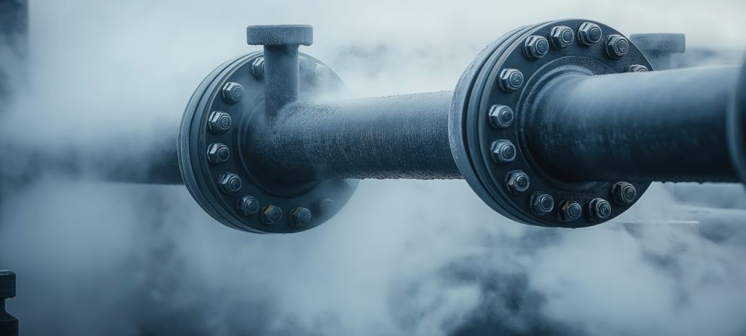 Trampa de vapor industrial con tubería y válvulas de acero inoxidable en planta de proceso