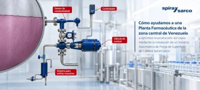 Purga de superficie en caldera con sistema automático Spirax Sarco: sensor de conductividad, controlador y válvula de control