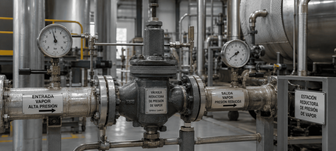 Válvula reguladora de presión instalada en un sistema de vapor industrial.
