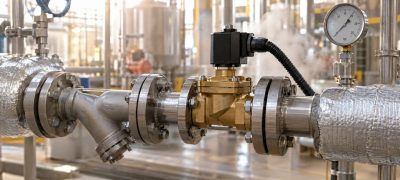 Válvula solenoide para vapor instalada en una línea industrial con filtro tipo Y aguas arriba y manómetro