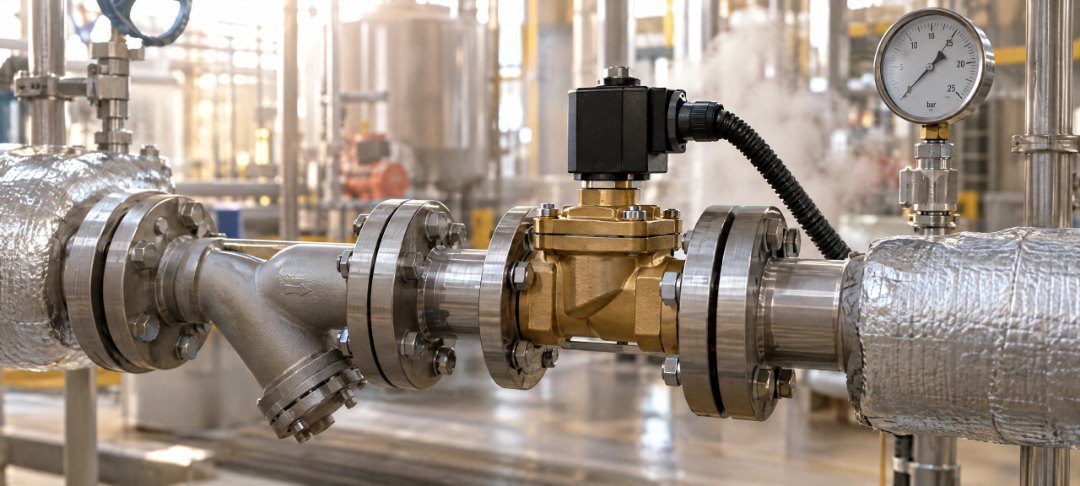 Válvula solenoide para vapor instalada en una línea industrial con filtro tipo Y aguas arriba y manómetro